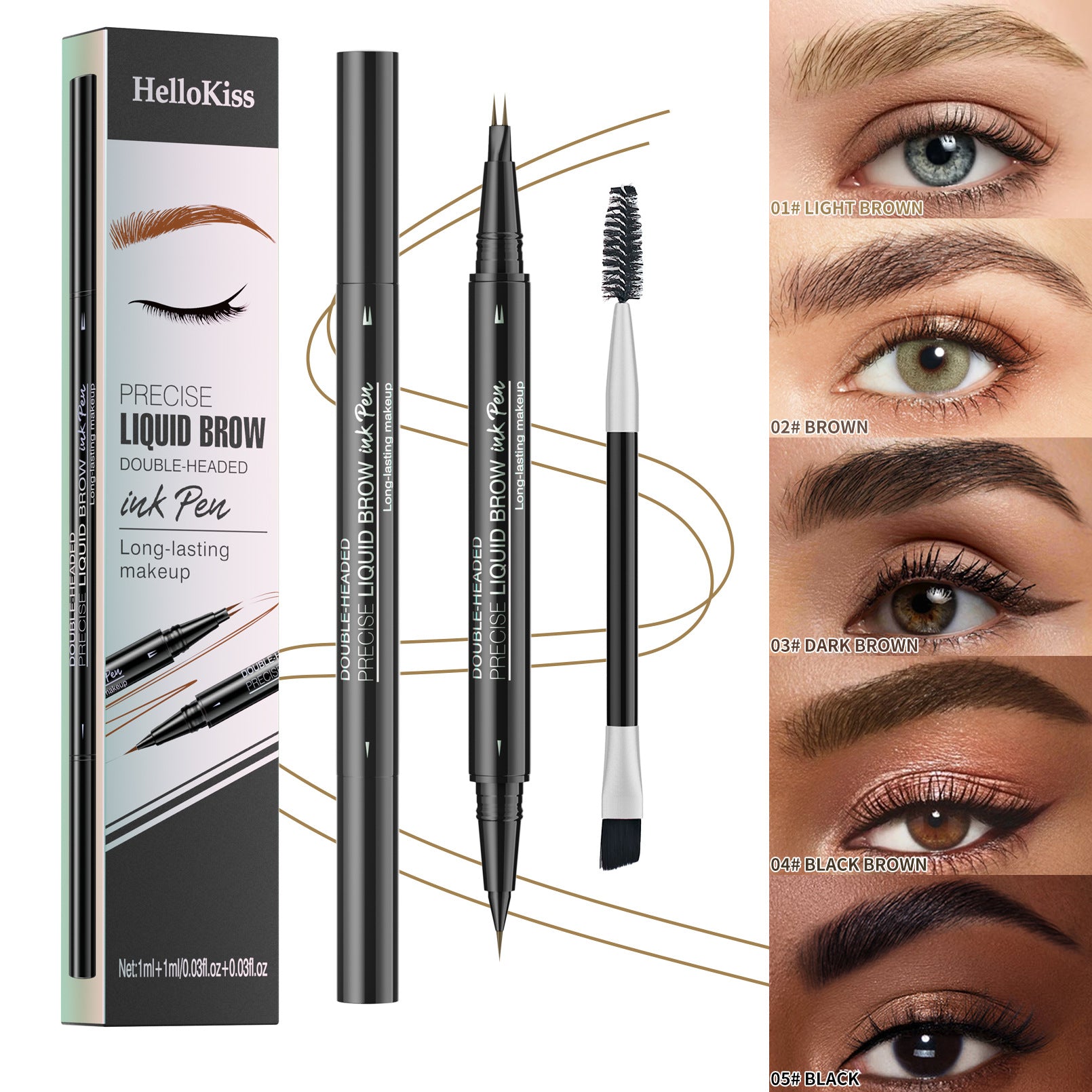 Waterproof makeup, non-smudging, double-headed, two-pronged brush eyebrow pencil